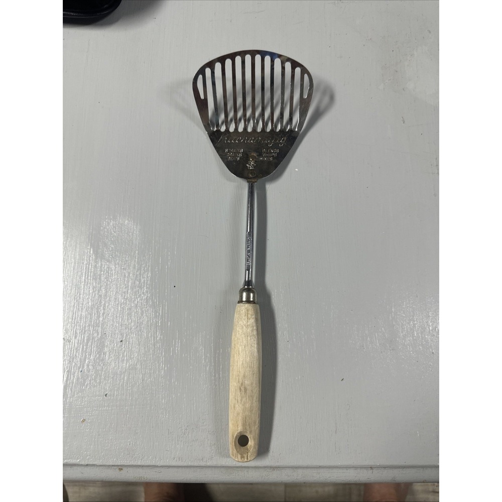 Vintage EKCO Kitchamajig Slotted Spatula Strainer Wood Handle Kitchen Utensil